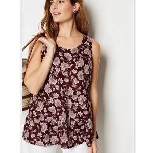 J Jill Love Linen Burgundy Floral Tiered Sleeveless Top Size Med Petite